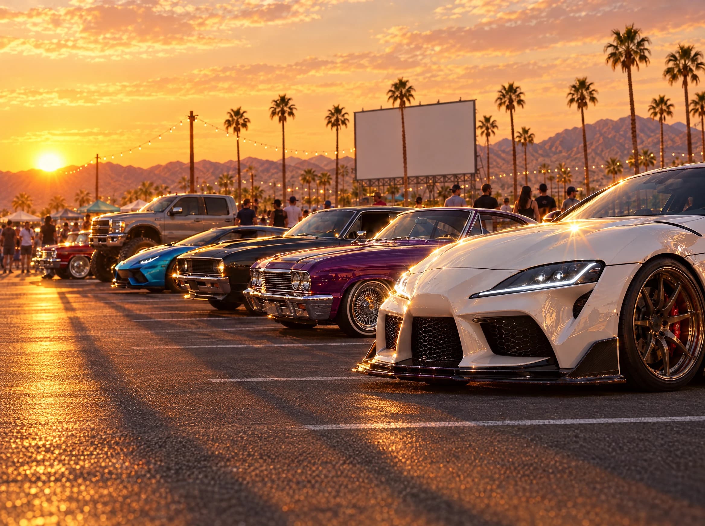A tuned import, lowriders and muscle cars lined up in the Screen 3 lot at sunset