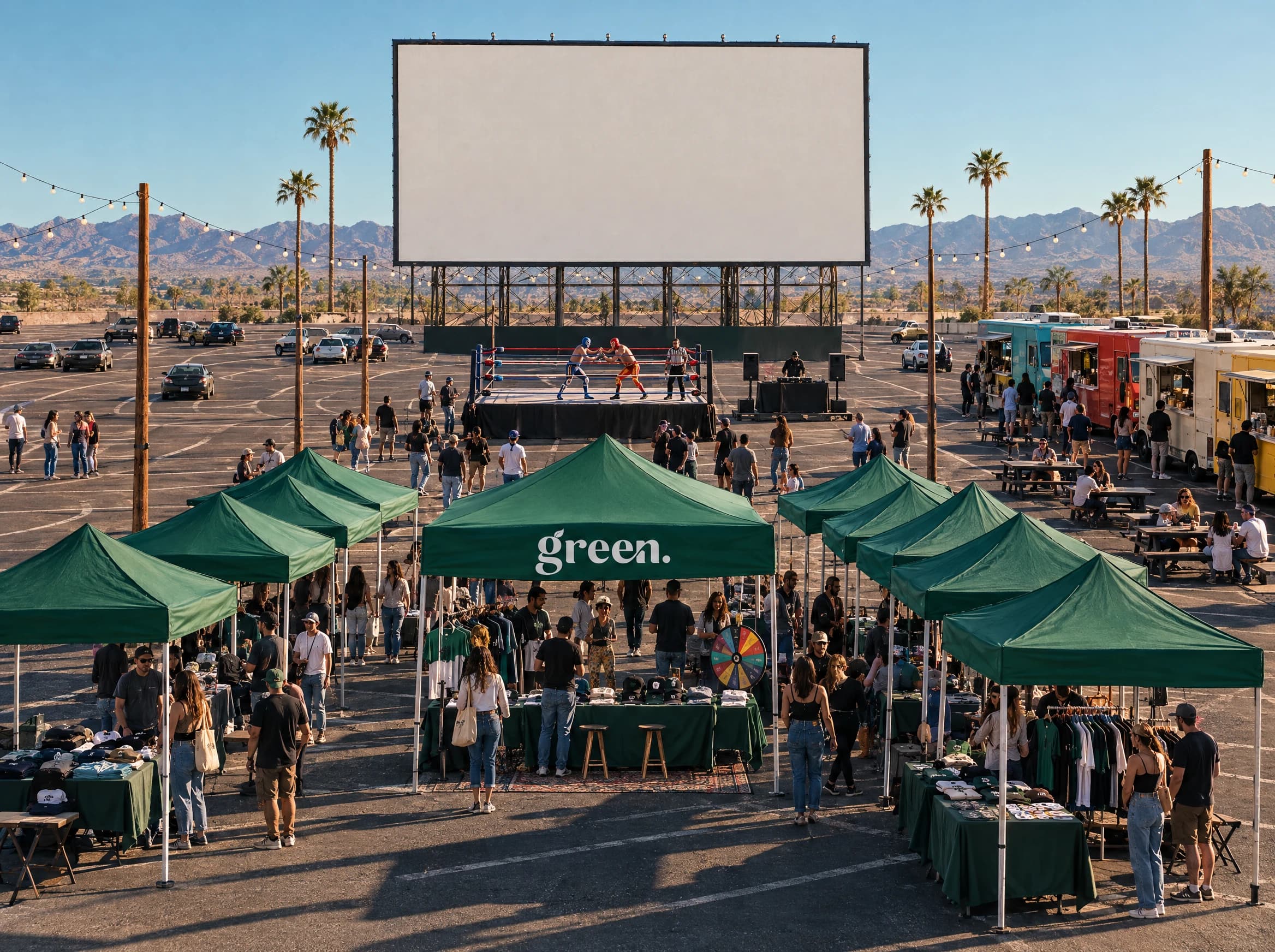 Green vendor tents in front of Screen 1, with lucha libre in the ring and food trucks along the side