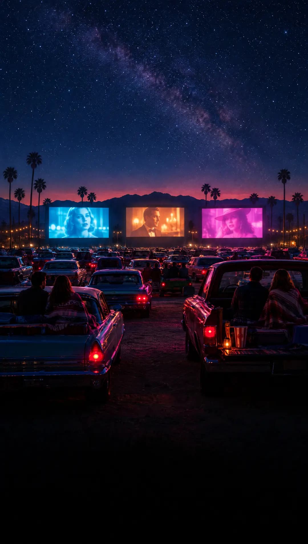 Three drive-in screens glowing over parked cars at night
